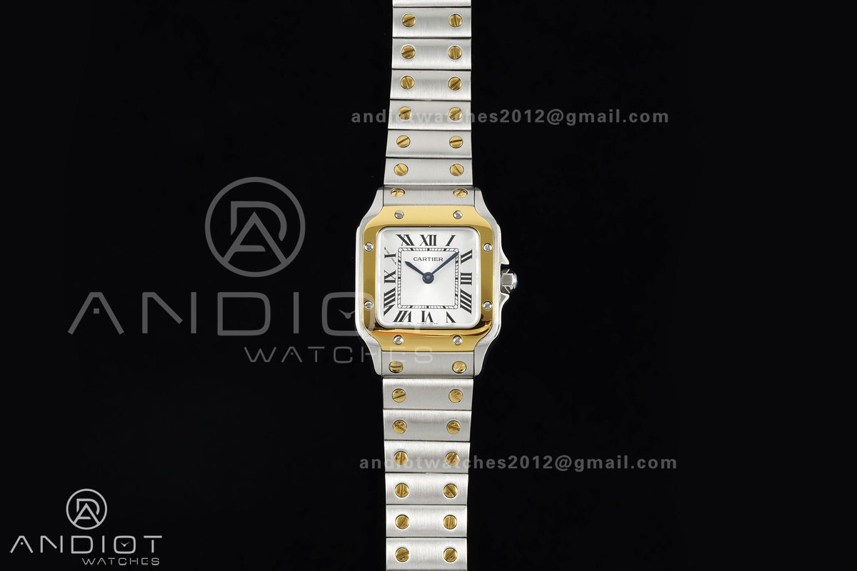 Santos W2SA0033 27x34.5mm SS/YG BLF 1:1 Best Edition Silver Dial On SS SmartLinks Bracelet Ronda Quartz